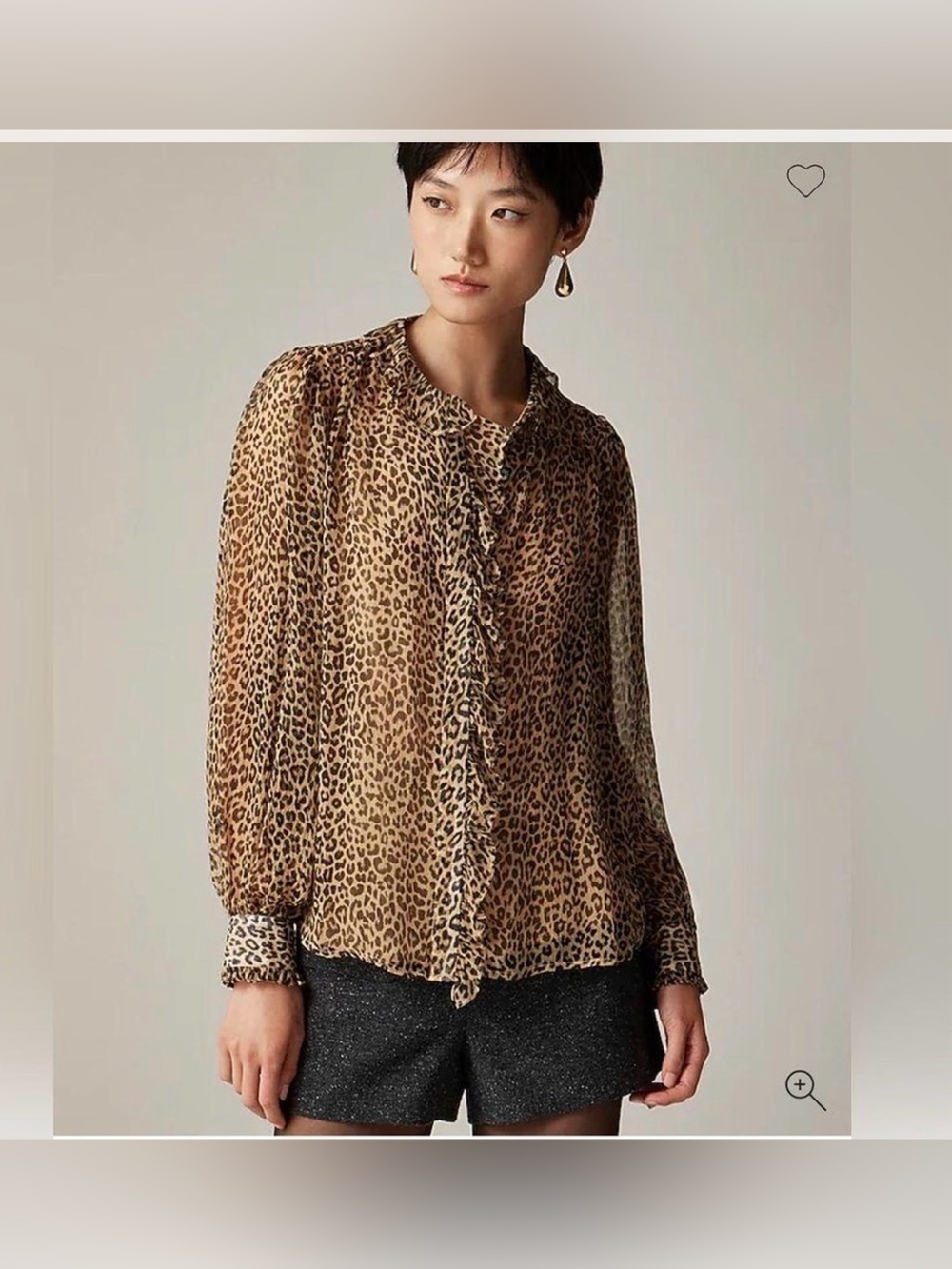 J. Crew Leopard Print Semi Sheer blouse Size 8 Button Down Ruffle detail